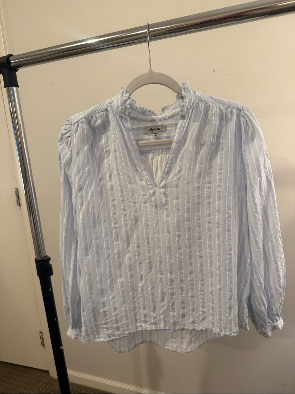 Madewell Pale Blue Pintuck Ruffle Neck Blouse